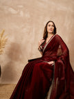 Maroon Satin Solid with Coding Border Saree with Unstitched Blouse