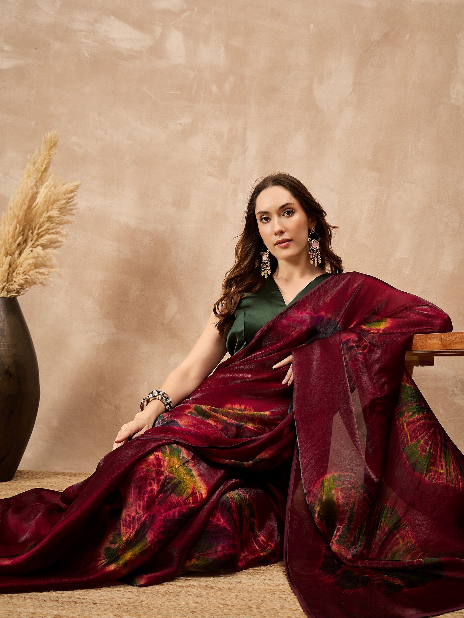 Maroon Satin Tie & Die  Saree with Unstitched Blouse