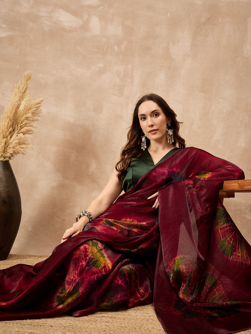 Maroon Satin Tie & Die  Saree with Unstitched Blouse
