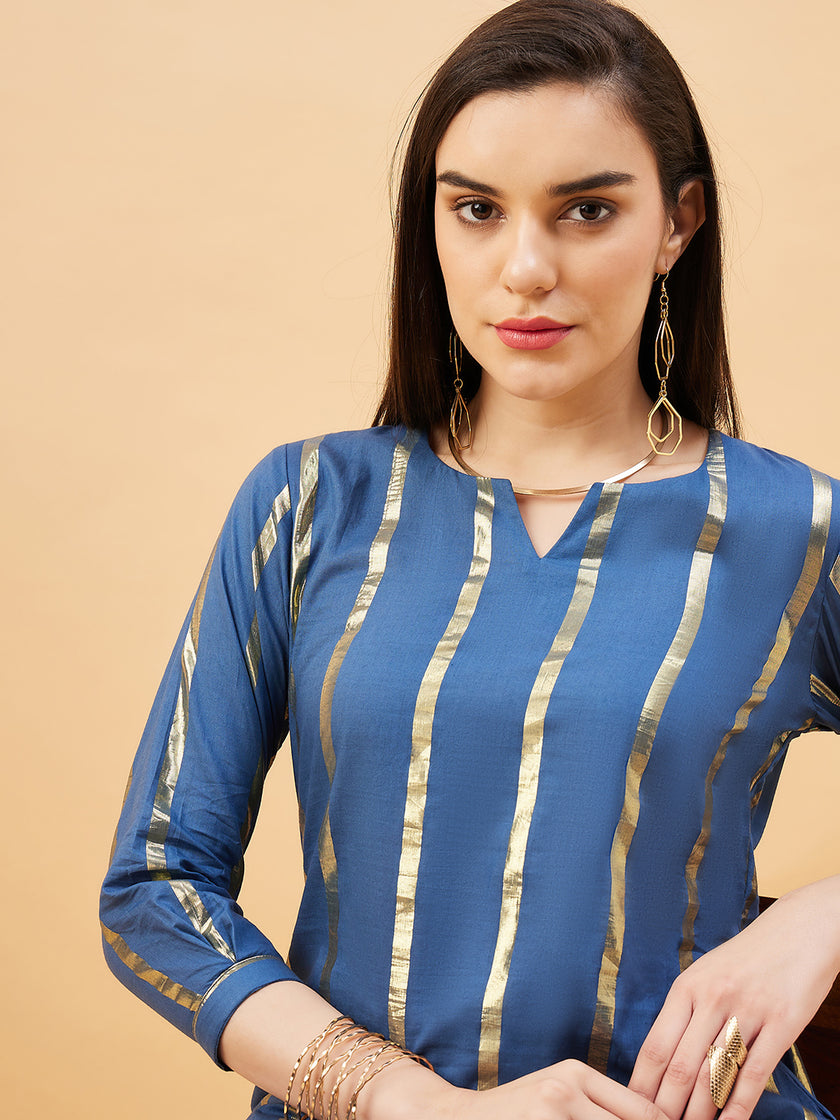 Blue  Cotton Blend Solid A-Line Kurta  Trouser