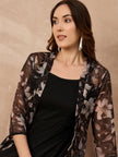 Black Silk Blend Solid A-Line Kurta Trouser With Floral Print Shrug