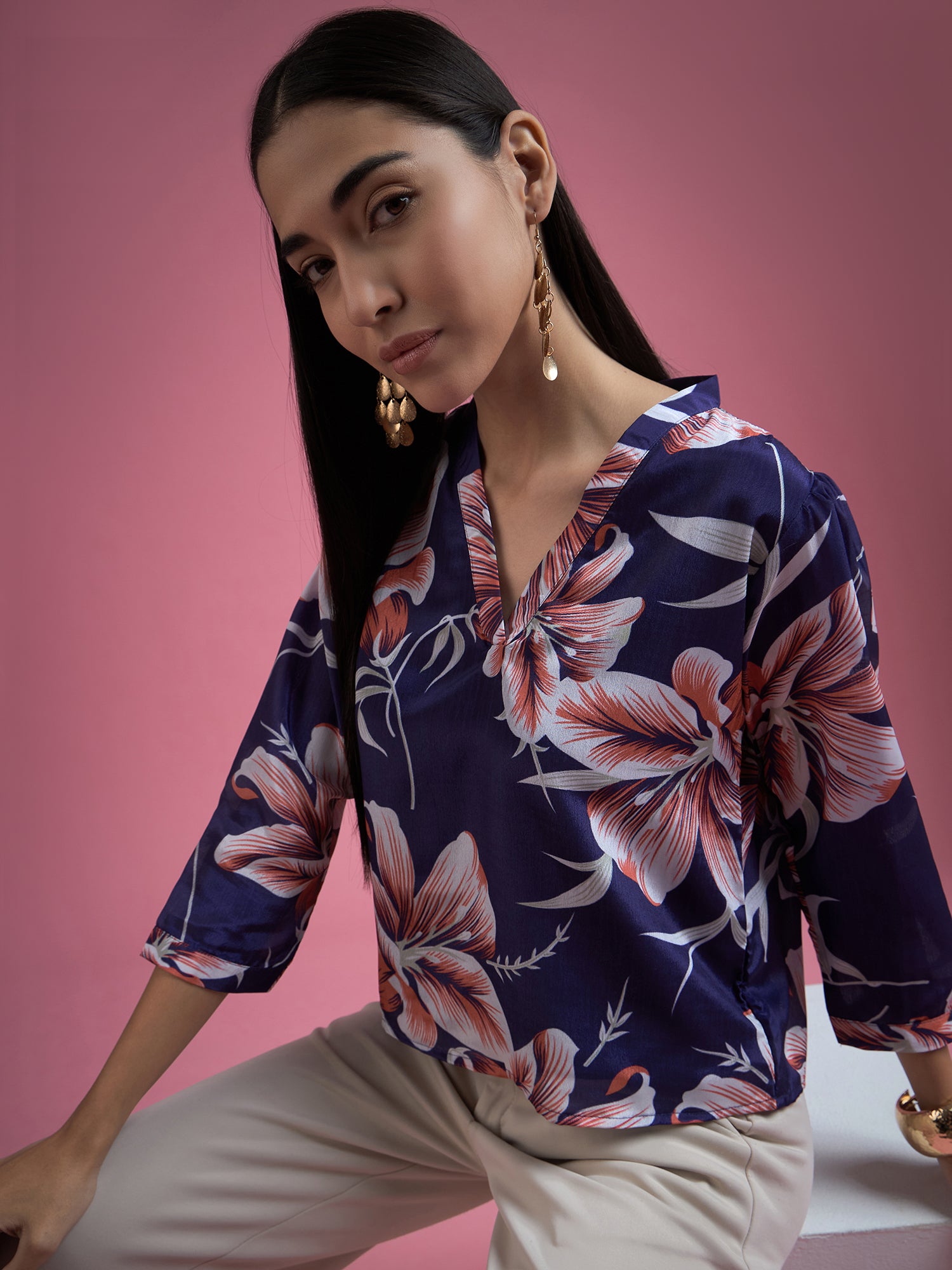 Blue Polyester Printed Tie-Ups Regular Sleeves Floral Print Tops