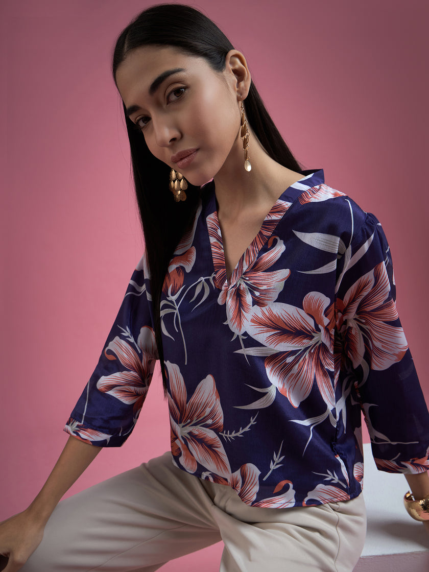 Blue Polyester Printed Tie-Ups Regular Sleeves Floral Print Tops