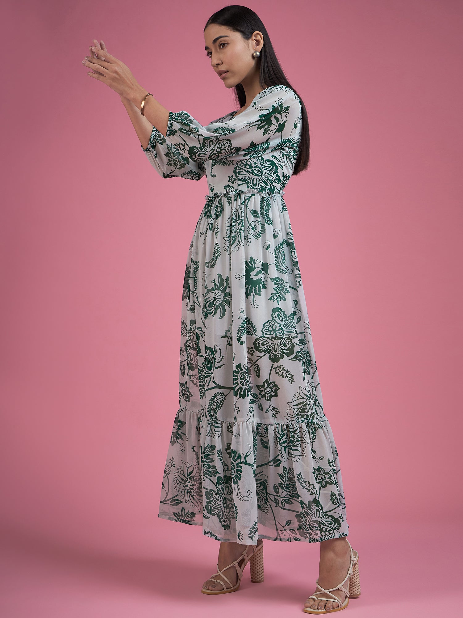 Multicolor Georgette Printed Cuffed Sleeves Floral Print Dress