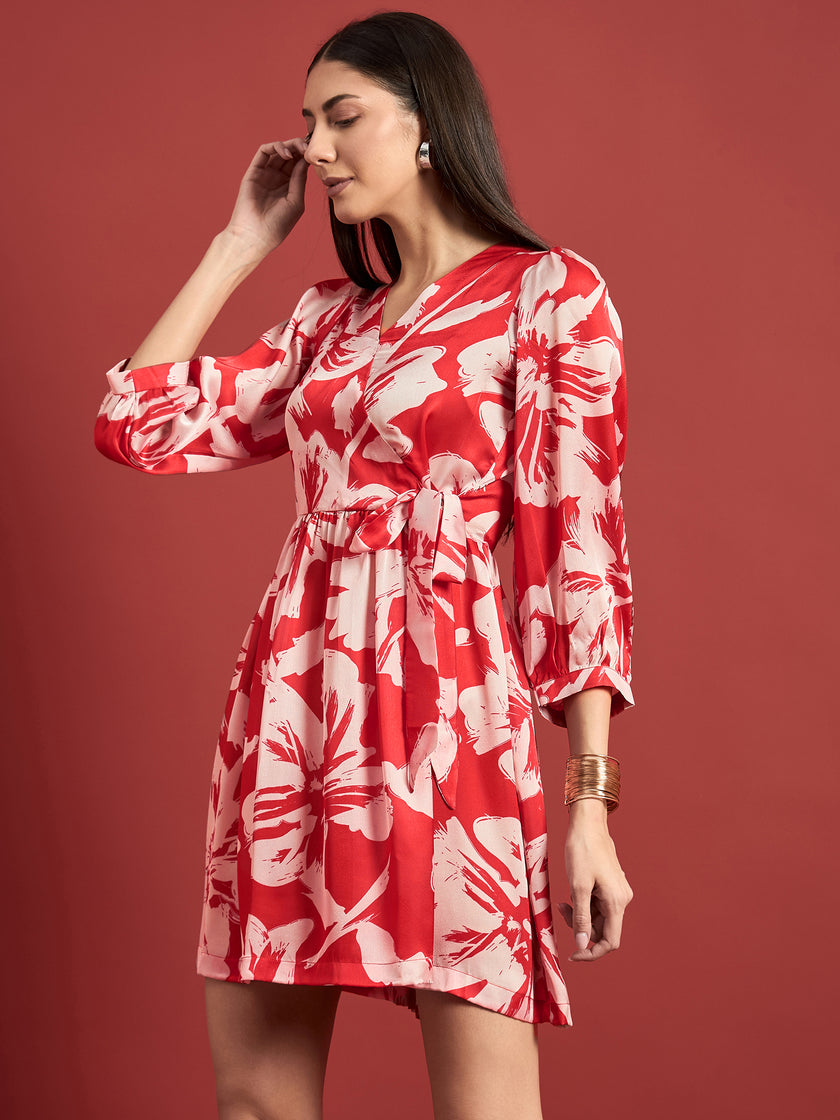 Red BLENDED Printed Puff Sleeves Floral Dress