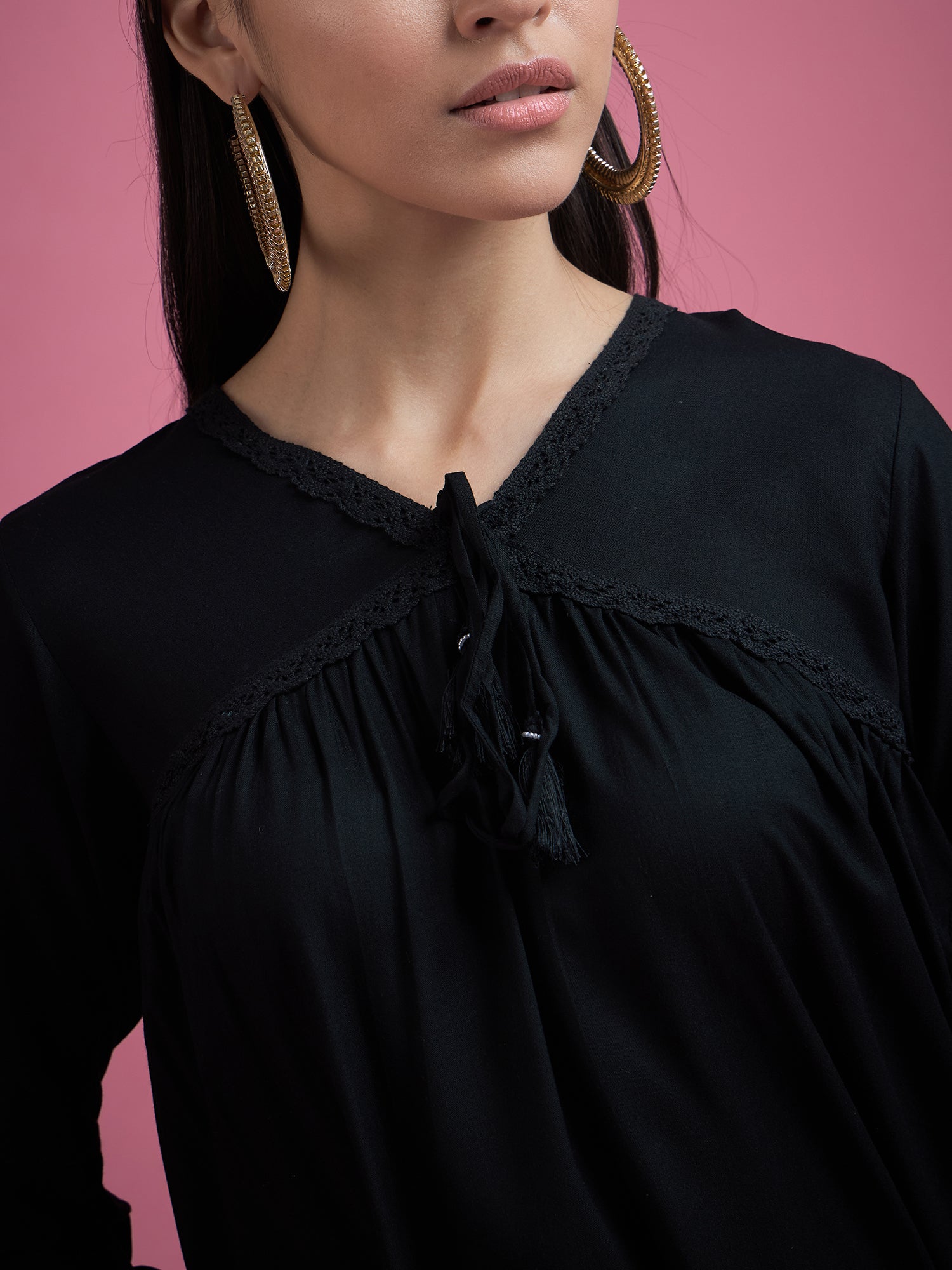 Black Cotton Blend Embroidered Tie-Ups Regular Sleeves Schiffli Tops