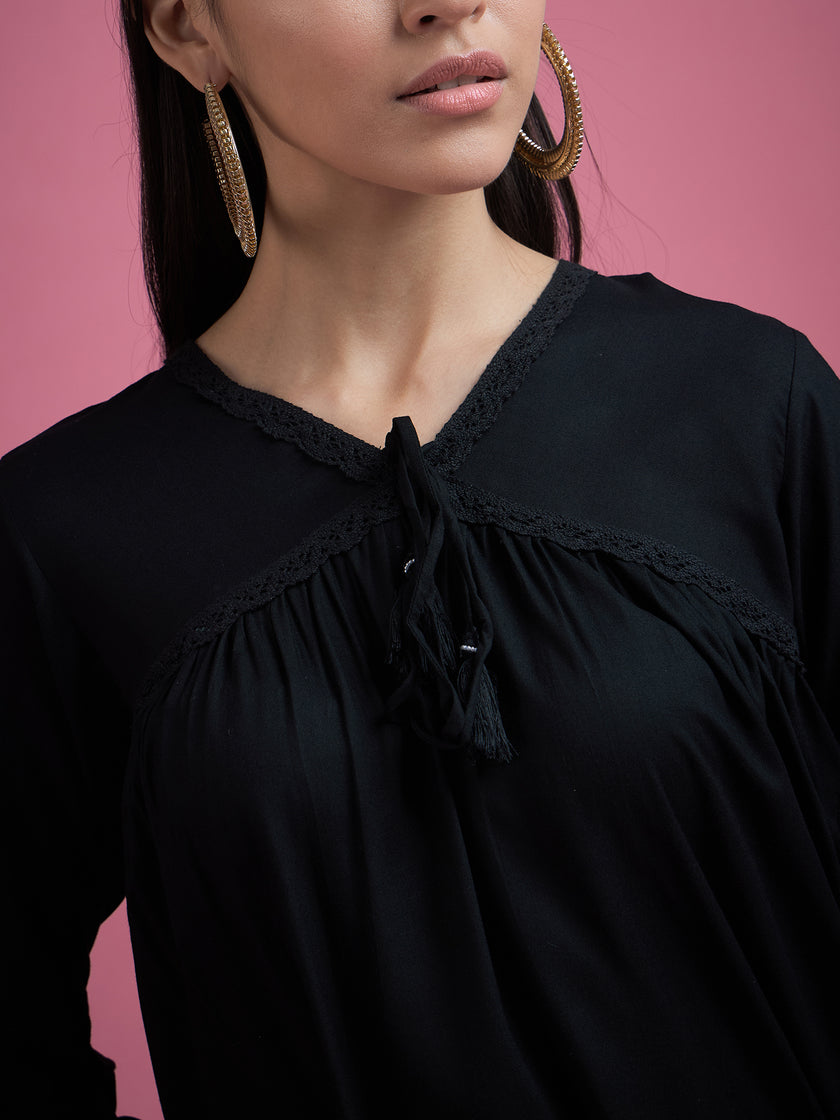 Black Cotton Blend Embroidered Tie-Ups Regular Sleeves Schiffli Tops