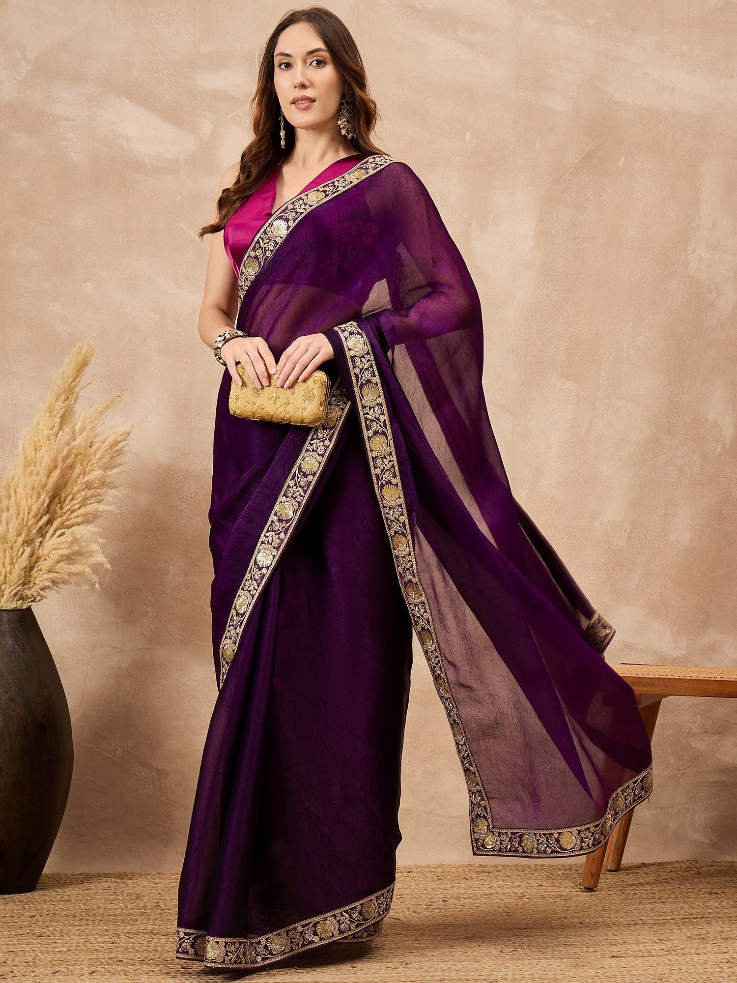 Purple Satin Solid with Embroidered Border Saree with Unstitched Blouse