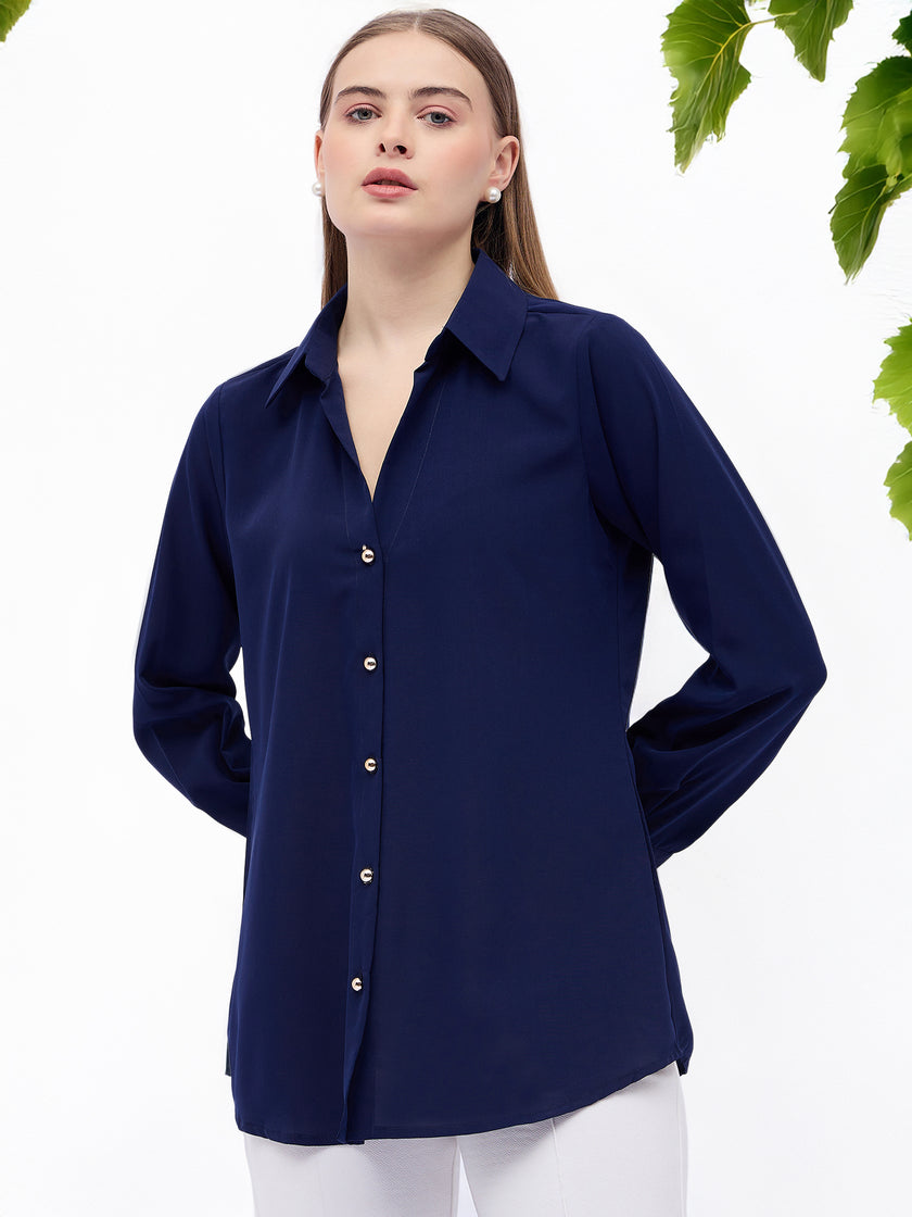 Blue Satin Solid NA Regular Sleeves New Basics  Tops