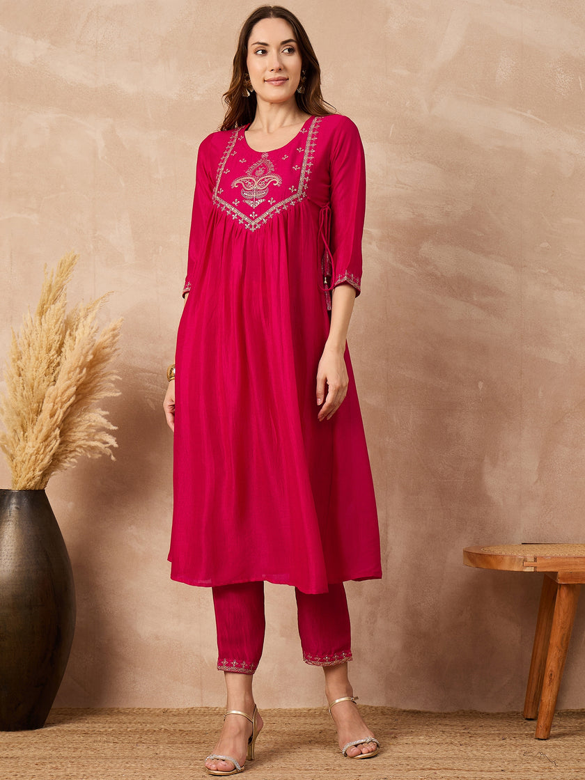 Pink  Silk Blend Embroideried A-Line Kurta Trouser