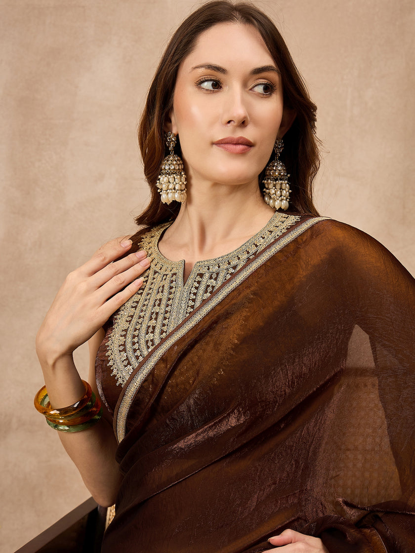 Brown Organza Solid with Coding Lace Saree with Unstitched Blouse