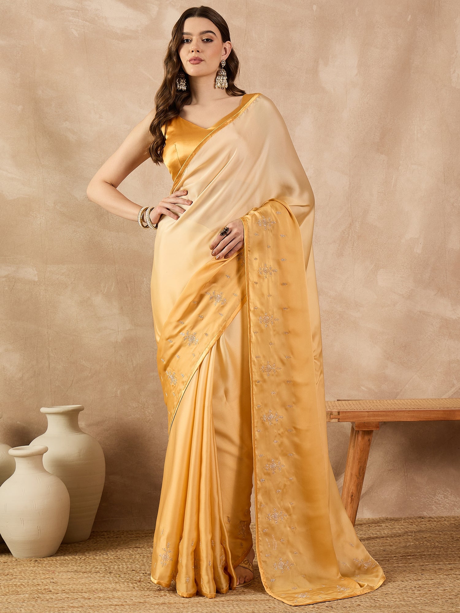 Yellow Satin Solid With Coding Work Border Saree with Unstitched Fancy Blouse