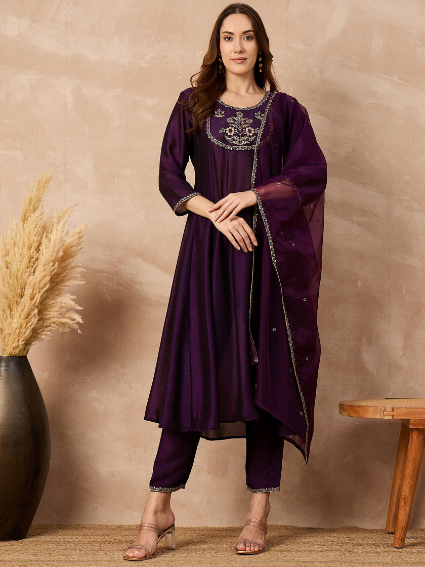 Purple  Silk Blend Embroideried A-Line Kurta Trouser
