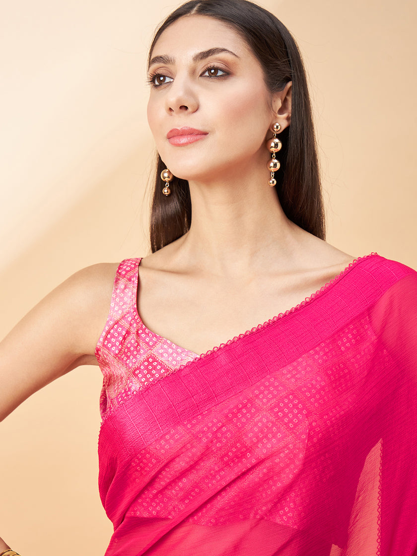 Red Pure Chiffon Solid  Saree with Unstitched Fancy Blouse