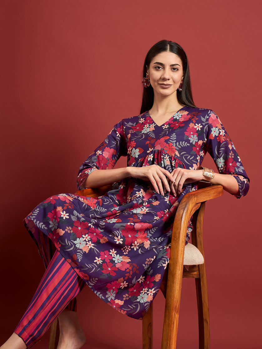 Multi  Poly Silk Printed A-Line Kurta  Trouser
