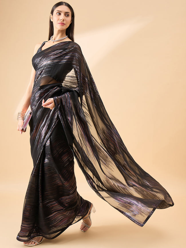 Black Pure Chiffon Jari Line Work Ready to Wear Saree with Unstitched Fancy Blouse