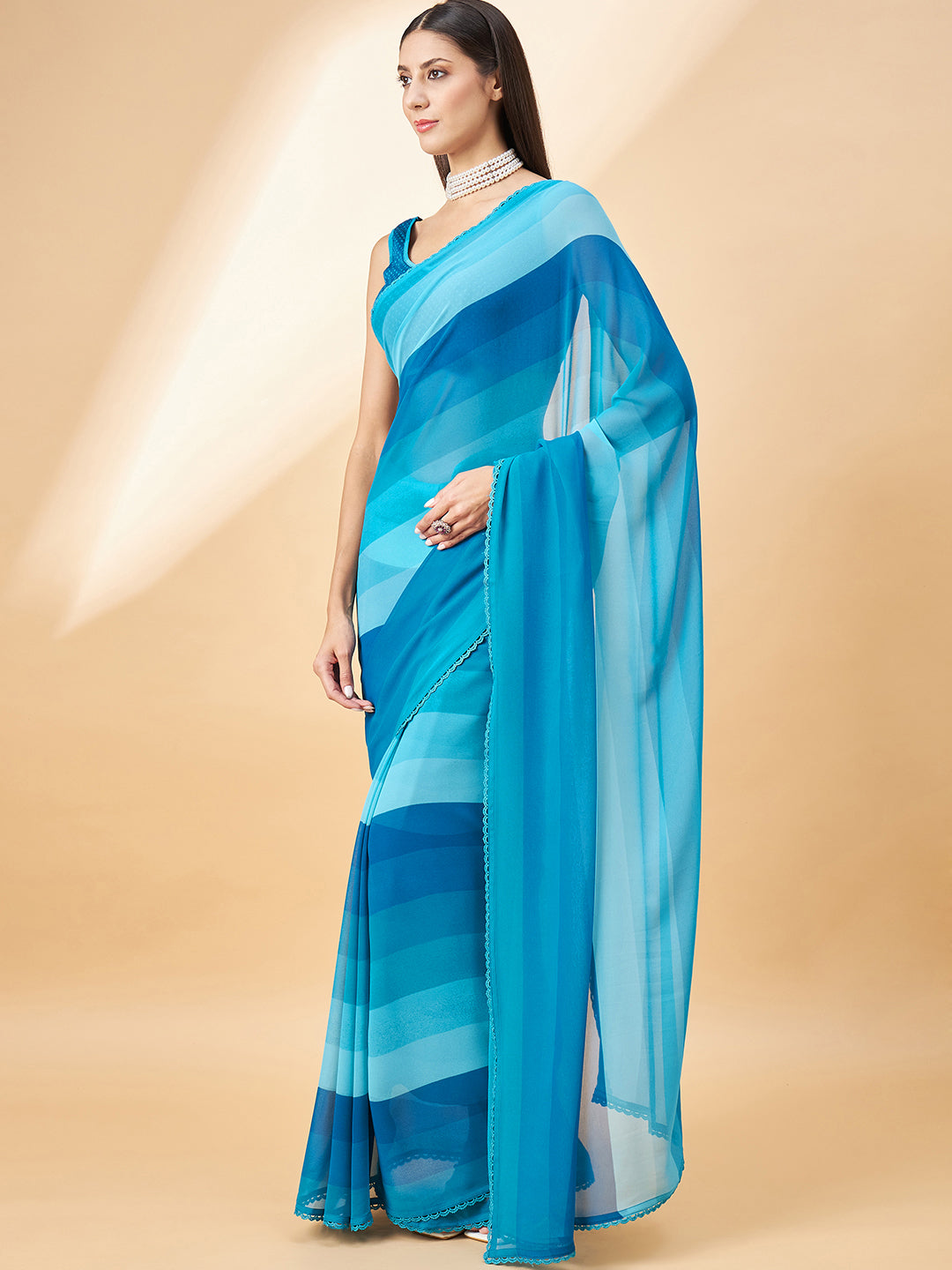 Blue Georgette Printed with Embllished Lace Saree with Unstitched Fancy Blouse