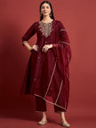 Maroon  Silk Blend Embroideried A-Line Kurta  Trouser