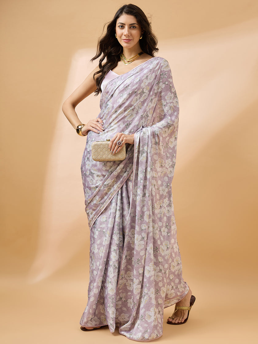 Lavender Satin Digital Floral Print With Embellished Lace Saree with Unstitched Fancy Blouse
