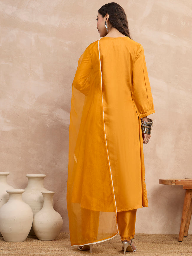 Yellow  Chanderi Silk Embroideried A-Line Kurta Trouser