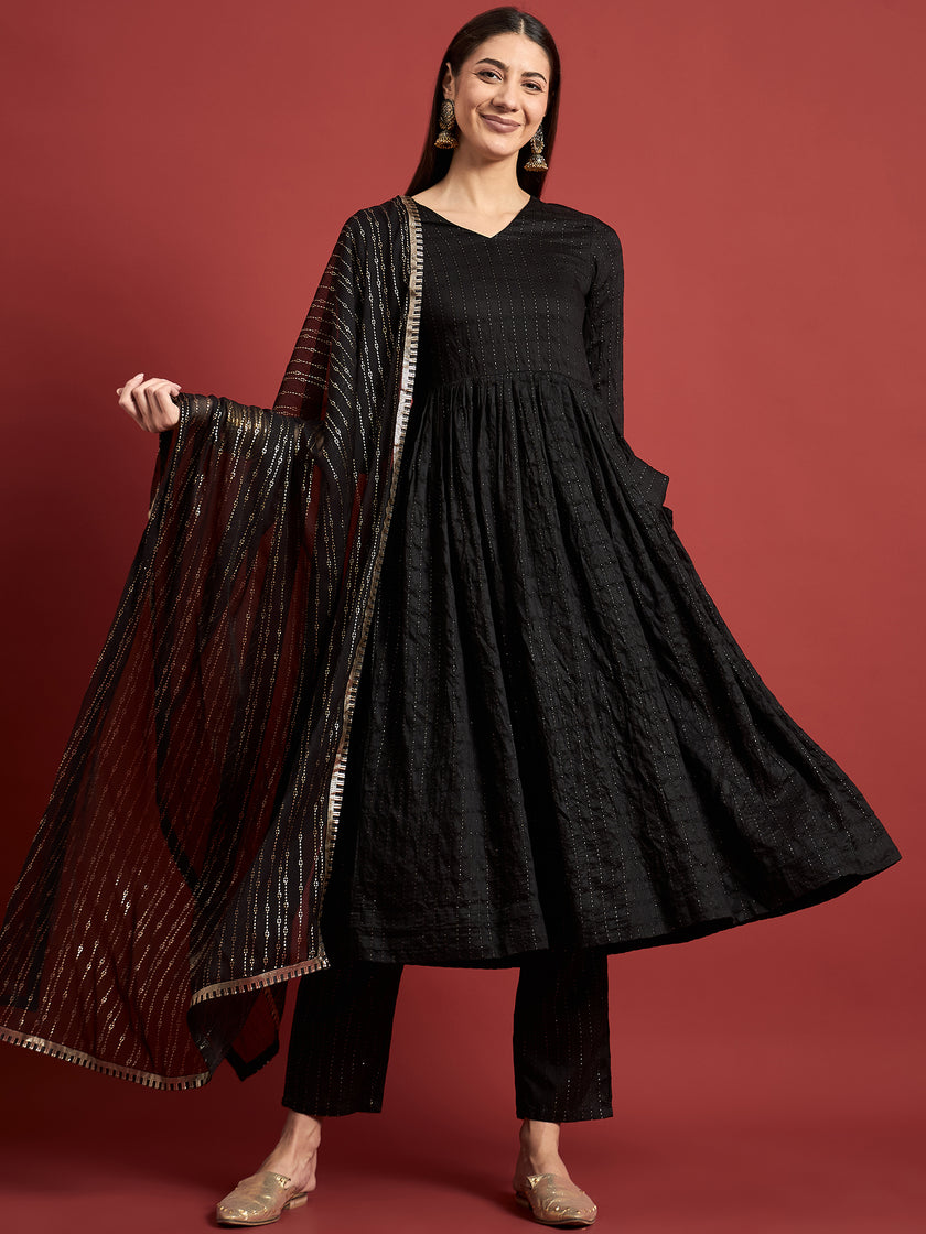 Black  Silk Blend Printed A-Line Kurta  Trouser