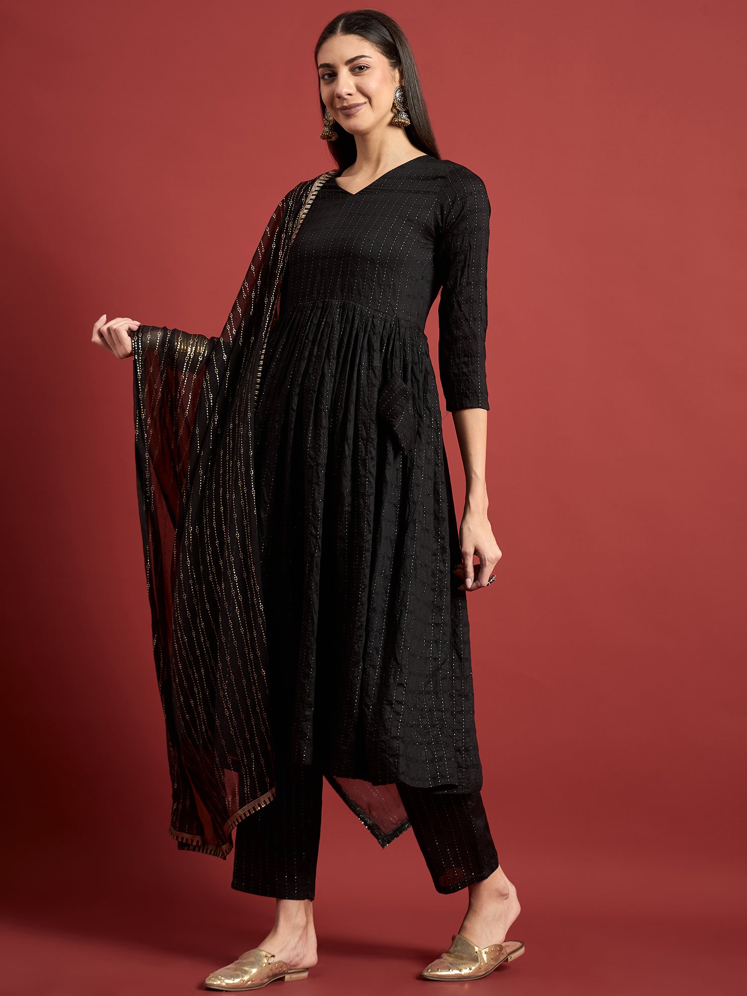 Black  Silk Blend Printed A-Line Kurta  Trouser