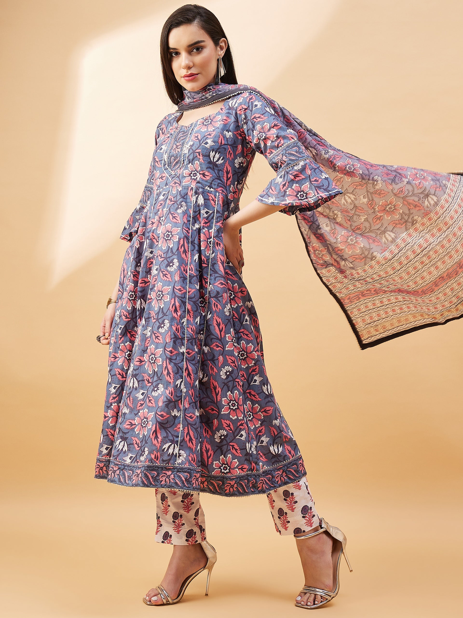 Grey   Pure Cotton  Printed  Anarkali Kurta  Trouser