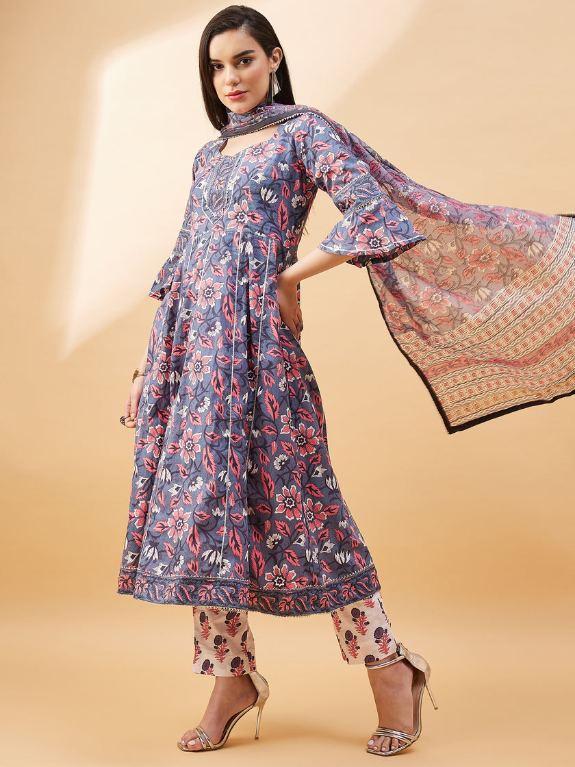 Grey   Pure Cotton  Printed  Anarkali Kurta  Trouser