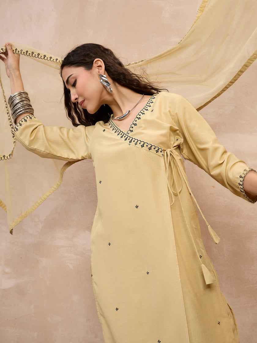 Beige  Chinon Embroideried A-Line Kurta Trouser