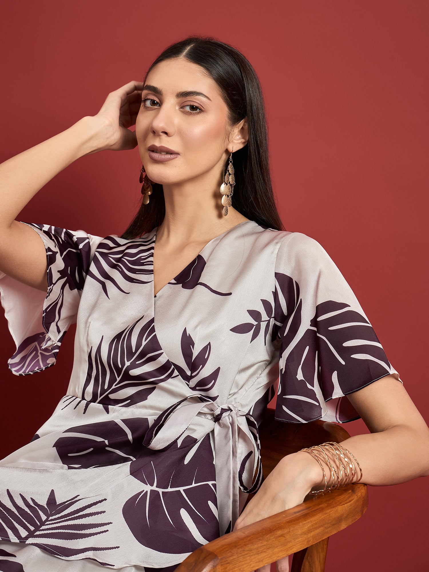 White Polyester Printed Flutter Sleeves Tropical Dress