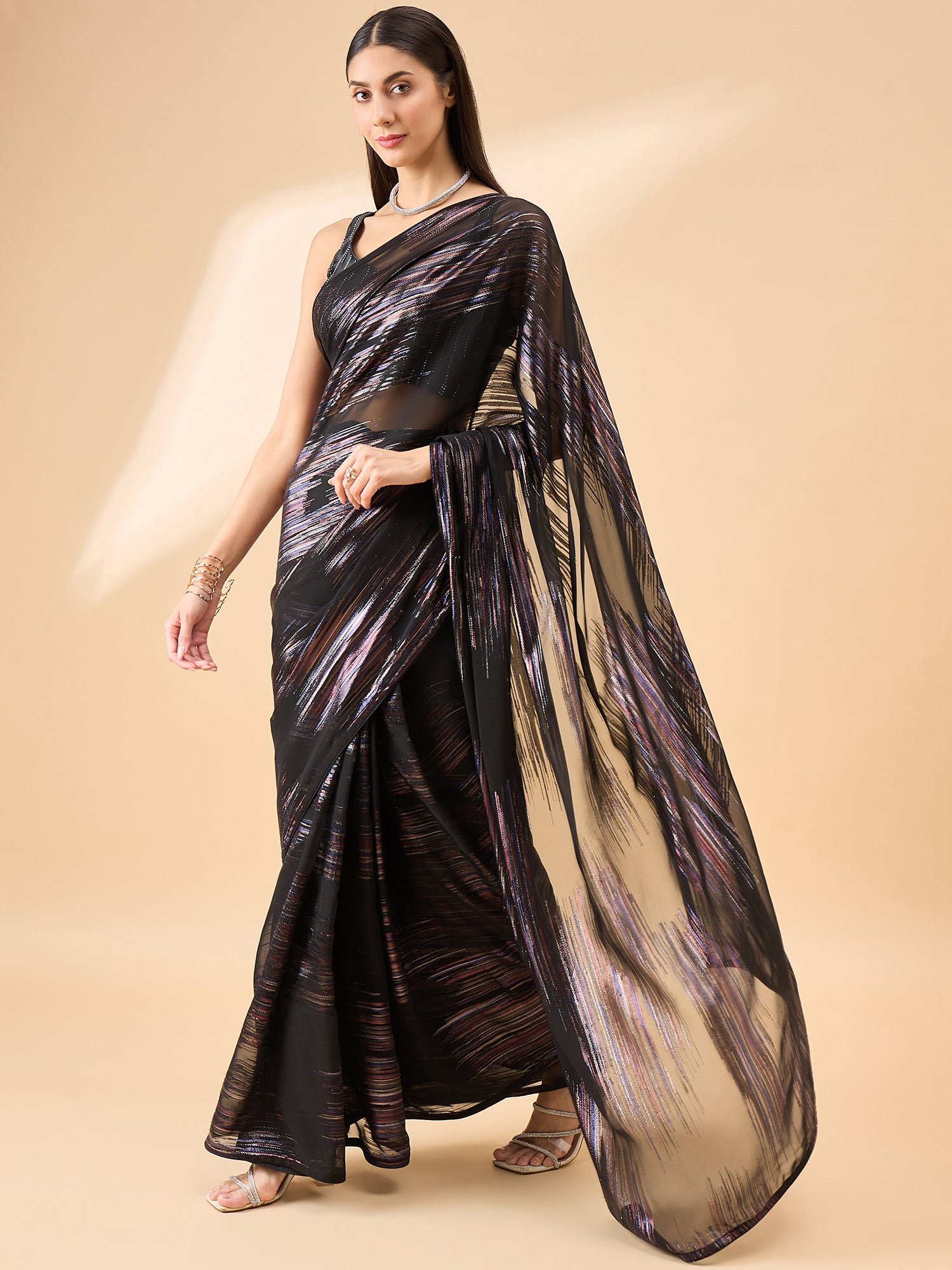 Black Pure Chiffon Jari Line Work Ready to Wear Saree with Unstitched Fancy Blouse