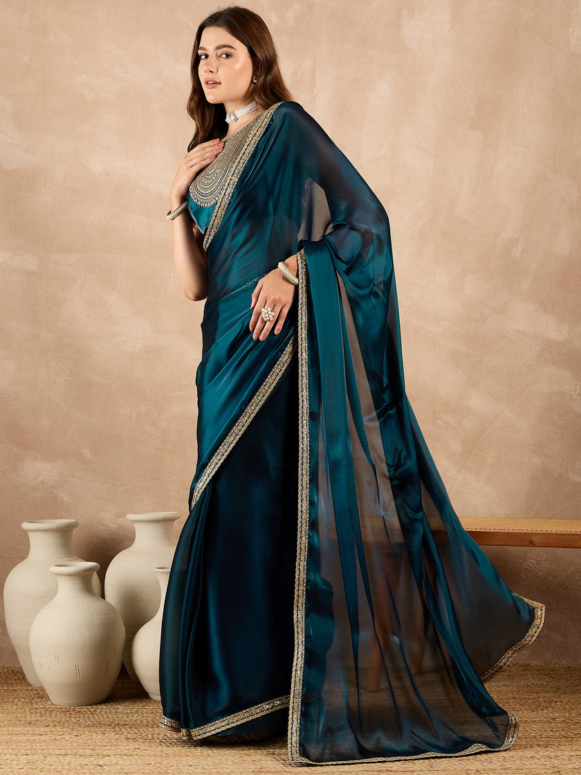 Blue Satin Solid With Sequenced Border Saree with Unstitched Fancy Blouse