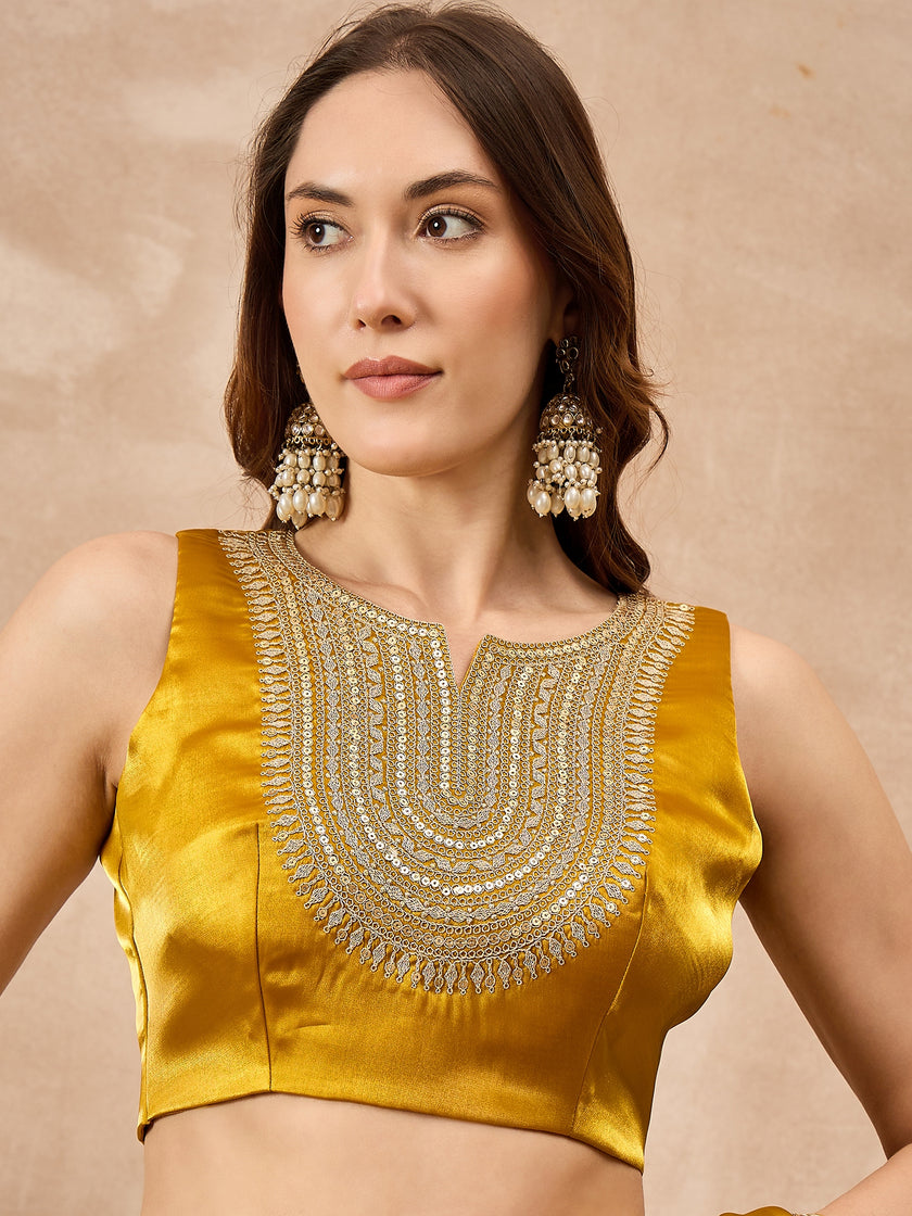 Mustard Satin Solid With Embroidered Border Saree with Unstitched Blouse