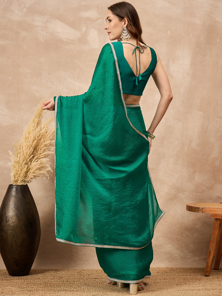 Rama Green Poly Chiffon Solid with Coding Border Saree with Unstitched Blouse