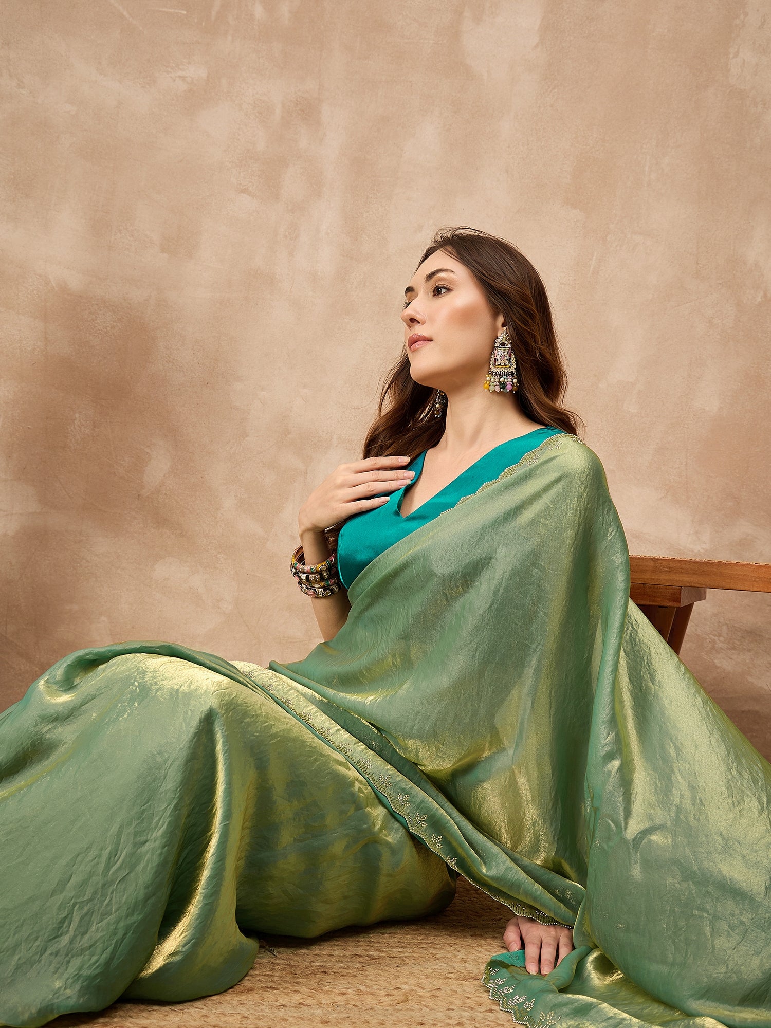 Pista Satin Solid With Stone Work Border Saree with Unstitched Blouse