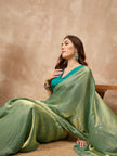 Pista Satin Solid With Stone Work Border Saree with Unstitched Blouse