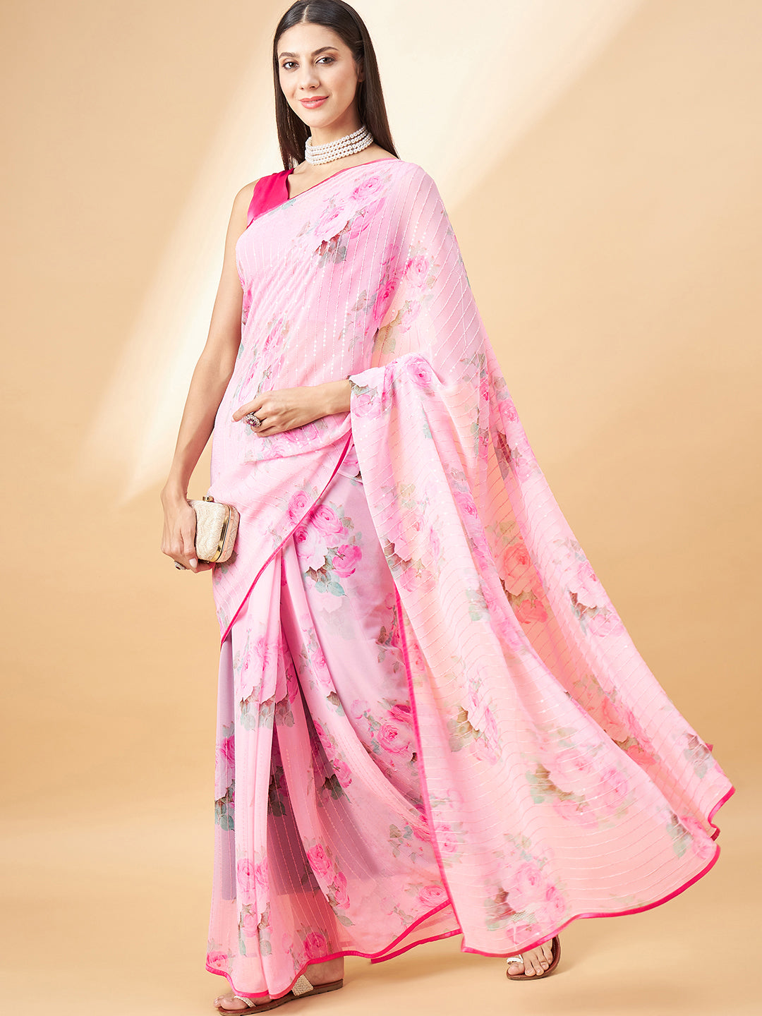 Light Pink Georgette Digital Floral Print With Embellished Lace Saree with Unstitched Fancy Blouse