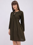 Olive Green BLENDED Solid Regular Sleeves Solid Dress