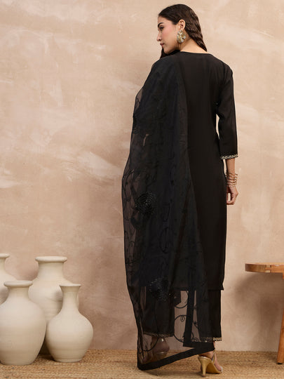 Black  Chanderi Silk Embroideried Straight Kurta Trouser