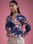 Blue Polyester Printed Tie-Ups Regular Sleeves Floral Print Tops