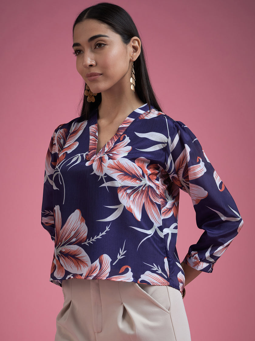 Blue Polyester Printed Tie-Ups Regular Sleeves Floral Print Tops