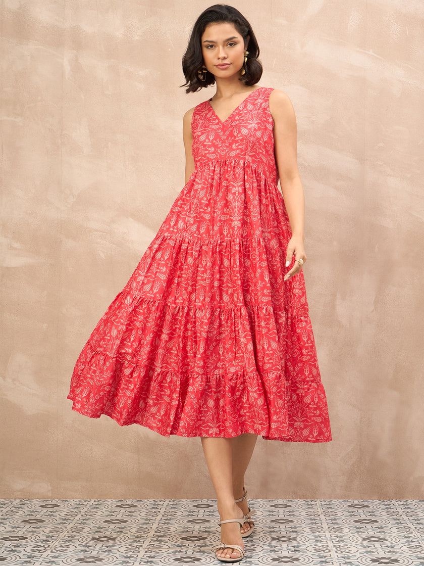 Red Polyester Printed No Sleeves Floral Dress