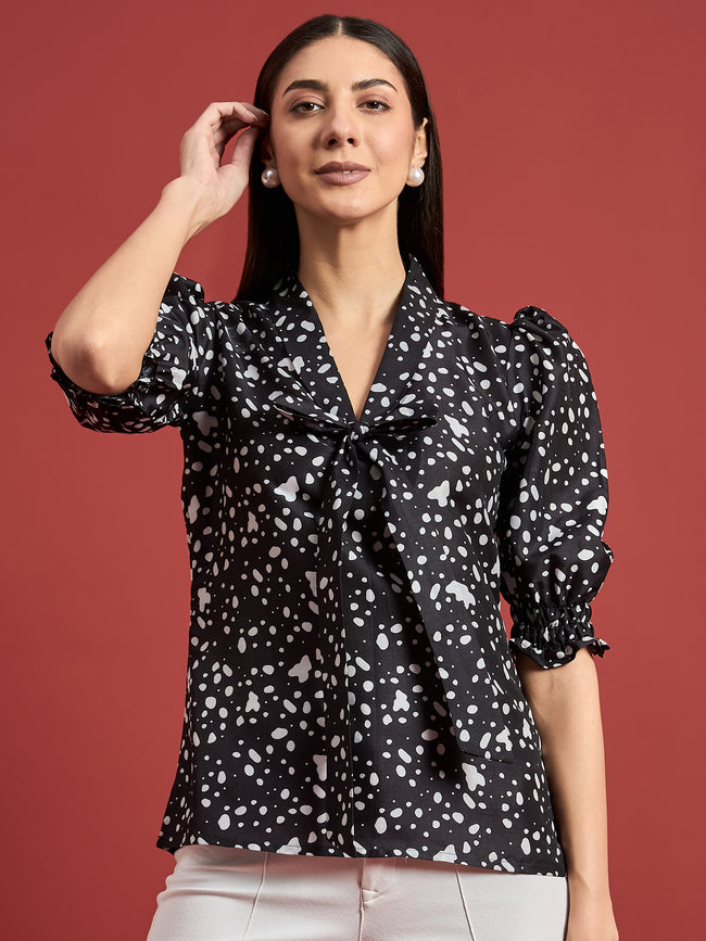 Black Polyester Printed Tie-Ups Puff Sleeves Abstract Tops