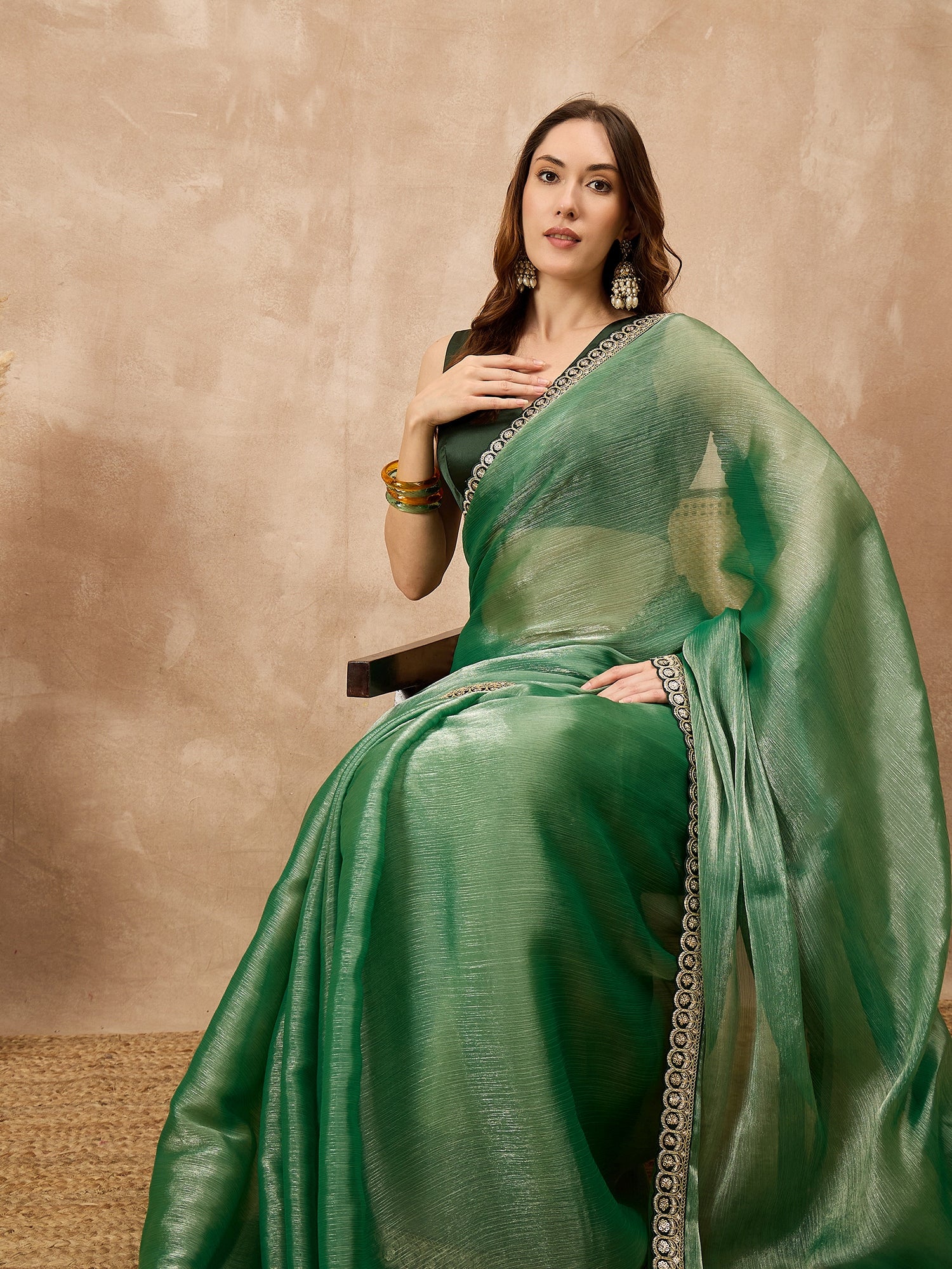 Green Satin Solid with Embroidered Border Saree with Unstitched Blouse