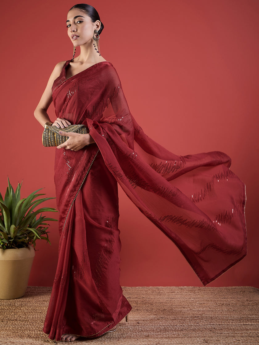 Maroon Pure Chiffon Sequence Embroidery With Embellished Border Saree with Unstitched Fancy Blouse