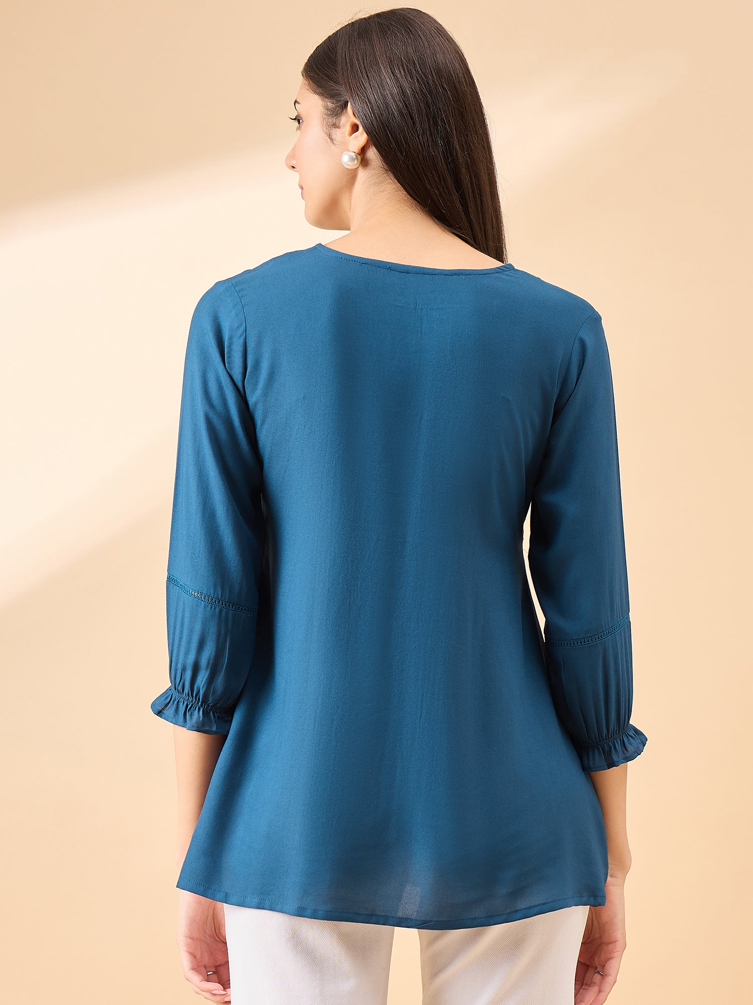 Blue Cotton Blend Embroidered Tie-Ups Regular Sleeves Schiffli Tops