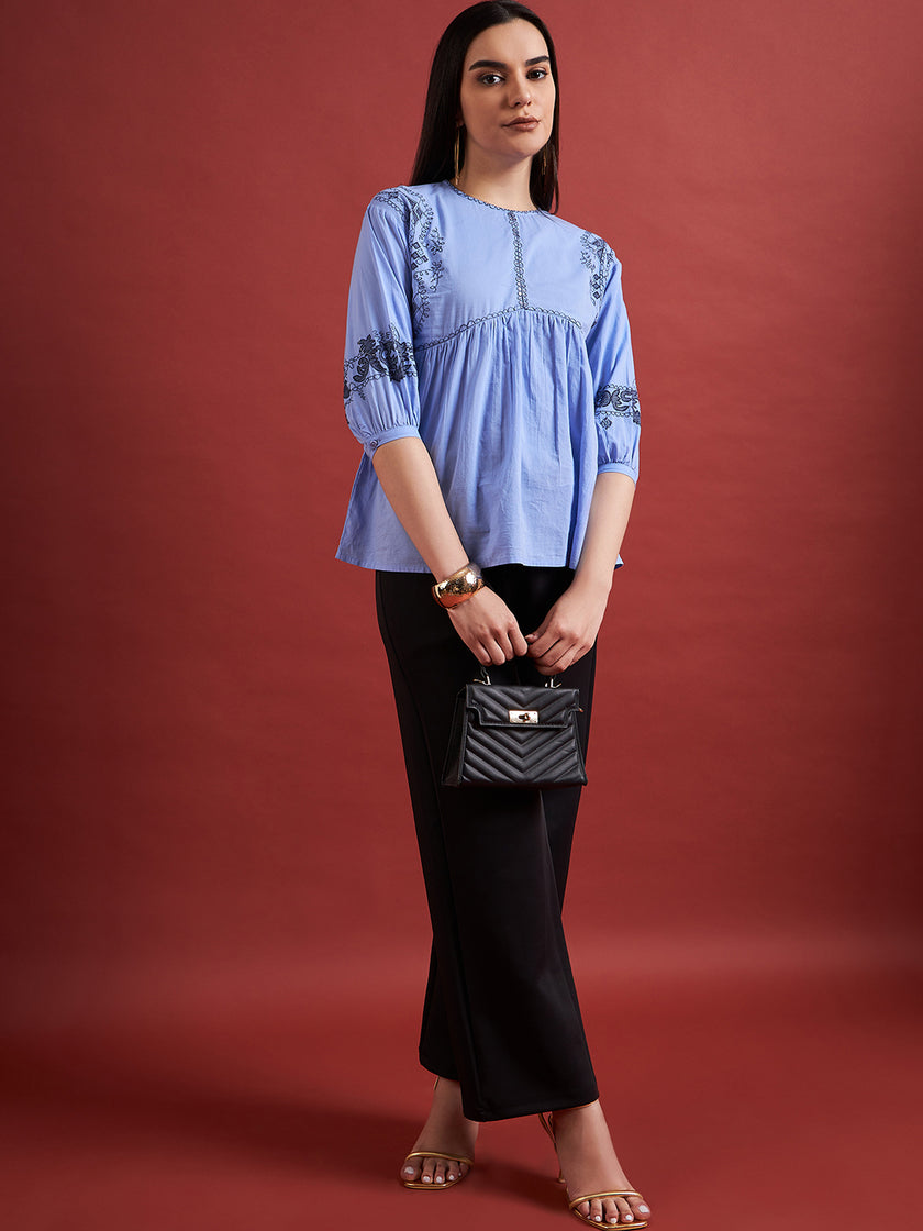 Blue Pure Cotton Embroidered Gathered or Pleated Puff Sleeves Floral Print Tops