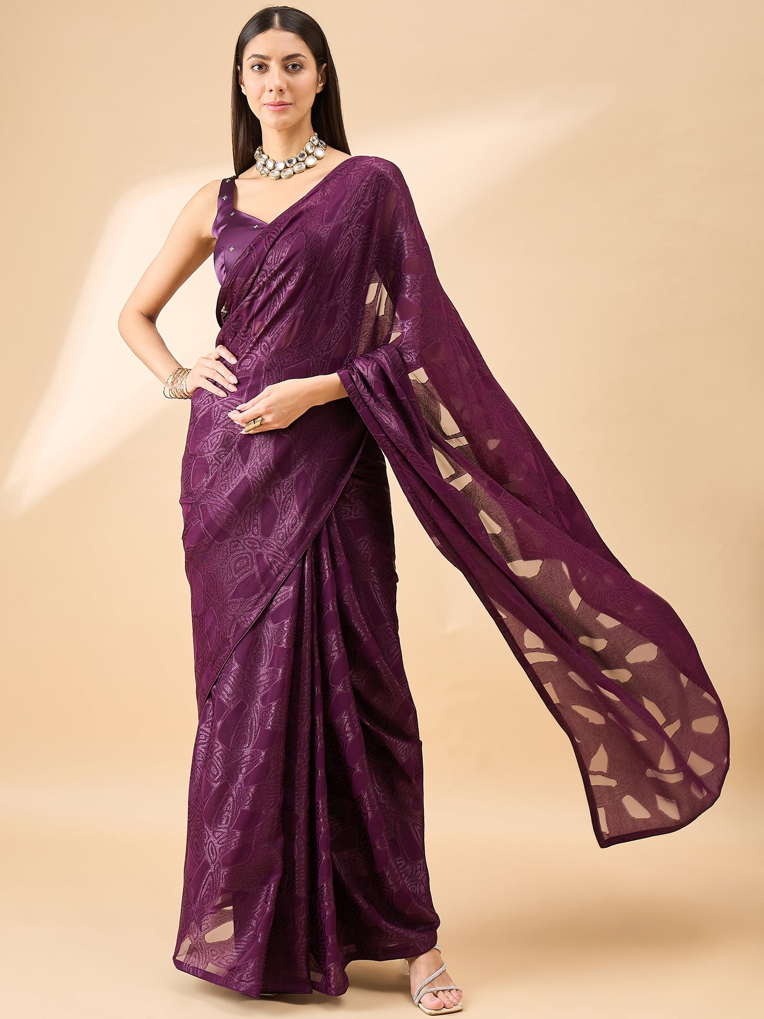Wine Brasso Woven Design  Saree with Unstitched Fancy Blouse