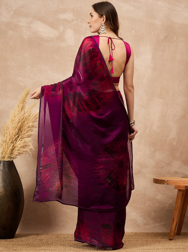 Red Satin Tie & Die Saree with Unstitched Blouse