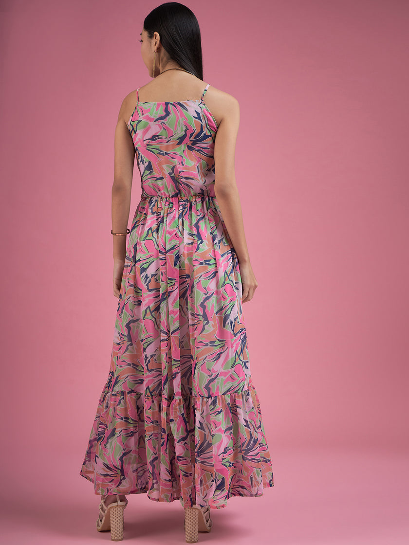 Multicolor Georgette Printed Sleeveless Floral Print Dress